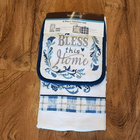 Blue and White Kitchen Set, 4-pc, Towels Potholders, Bless This Home, Cotton NWT - Picture 1 of 5